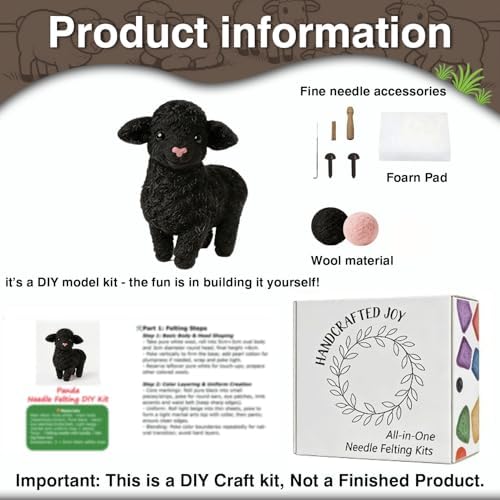 FACE N FACE DIY Needle Felting Kit Cute Black Lamb Standing – Needle Felting Starter Kit with Fiber Roving, Needles, Felting Pad & Instructions | Felted Farm Animal Kit for Beginners Adults - Image 3