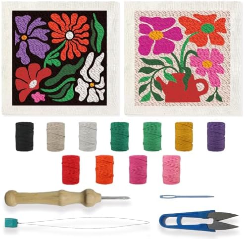BEUNITONE 2 Sets DIY Punch Needle Kits for Beginners,Bohemian Flower Pre-Printed Pattern,Embroidery Punch Needle Starter Kits for Adults,Includes Pre-Printed Cloth,Yarns,Hoops,Threader and Instruction by BEUNITONE
