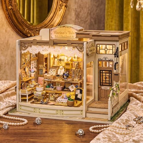 fifijoy DIY Miniature Dollhouse Kit - Jewelry Shop DIY Miniature House Kit for Adults and Teens, 3D Wooden Puzzle Tiny House Model with LED Light, Unique Gift for Family, Friends (Vitrine’s Tale) - Image 3
