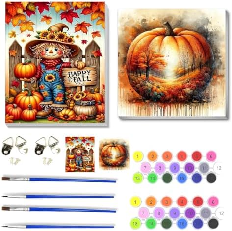 2 pack Fall Pumpkin Paint by Numbers Kit for Adults Beginner With Framed,Scarecrow Easy Adult Paint by Number Kits on Canvas DIY Painting for Beginners Art by Numbers for Home Wall Decor 10x12 Inch by NEGEKFKX