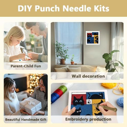 DOODLREAM Color Black Cat Needle Kit for Beginner, 9.4"x 9.4" Modern Pet Punch Stitching Craft Set, DIY Embroidery Starter with Printed Frame, Instruction, Threader, Yarn, Punch Needle - Image 4
