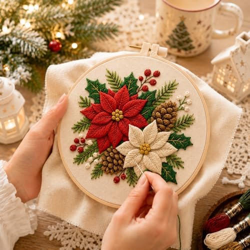 DIYDeligths Christmas Embroidery Kit for Beginners Adults Pre Printed Pattern Hand Needlepoint Craft DIY Art Set with 7.87in Hoop Needle Threads Instructions (Poinsettia) - Image 3