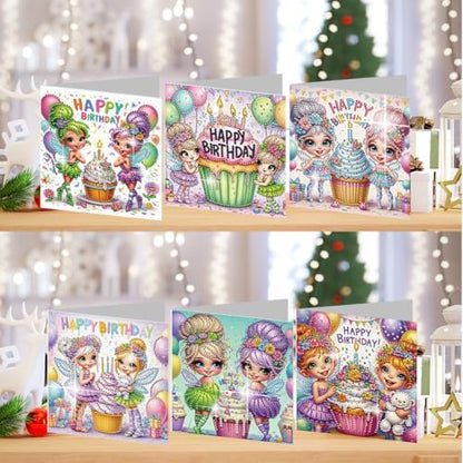 jinglinhh 6pcs Diamond Art Painting Happy Birthday Cupcake Fairy Greeting Cards with Envelopes, DIY Card Making Kits for Adults, Diamond Art Postcards Christmas Cards Craft Gifts - Image 4
