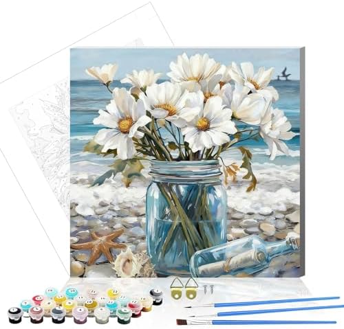 bestact Framed Daisy Paint by Numbers Kits for Adults,Flowers Painting by Numbers with Framed for Beginner on Canvas Easy DIY Painting Kits for Home Wall Decoration and Gifts,8x8INCH (Flower6) by bestact