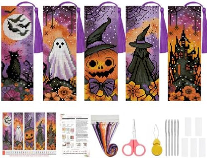 14CT Halloween Stamped Cross Stitch Bookmark Kit for Beginner Adults Crafts by Paintcolordiamondpainting