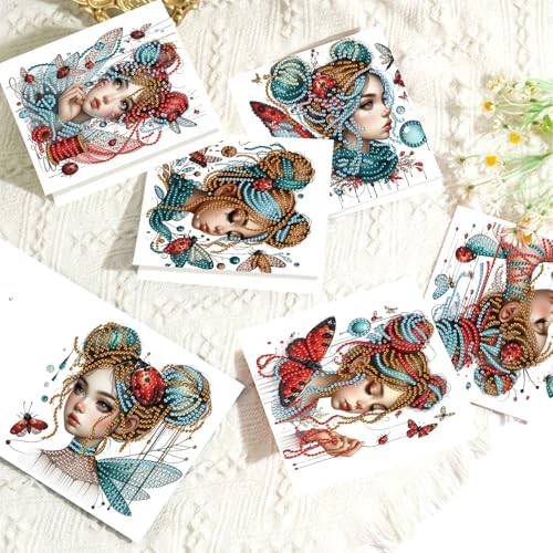 Tontut 6pcs Diamond Art Painting Kit Greeting Card, Temperament Butterfly Lady 5D DIY Diamond Handmade Holiday Sparkling Greeting Card with Envelope, Holiday Gift Congratulation - Image 5