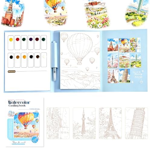 Watercolor Books for Adults – 3-Fold Portable Watercolor Painting Set with Pre-Printed & Blank Pages, Travel Watercolor Workbook for Beginners, Creative Stress Relief Gift for Adults (Travel) by ElvesBeauty