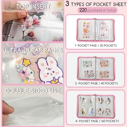 5-in-1 Sticker Organizer Book Reusable A5 Storage Binder with 220 Pockets,10 Release Papers, Zipper Album Sticker Collecting Display Keeper (Pink) - Image 5
