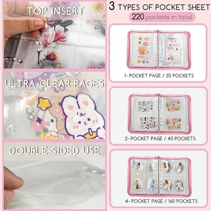 5-in-1 Sticker Organizer Book Reusable A5 Storage Binder with 220 Pockets,10 Release Papers, Zipper Album Sticker Collecting Display Keeper (Pink) - Image 5