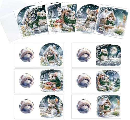 antor 6 Pack Christmas Diamond Art Cards with Envelopes, DIY Special Shaped Rhinestone Diamond Painting Greeting Card Kit, Winter Mouse Design for Adults Holiday Craft by antor