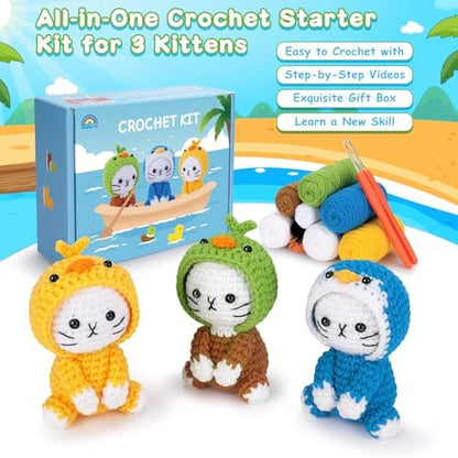 Crochet Kit for Beginners, 3 Pack Duck Cat Crochet Kits with Step-by-Step Video Tutorials, Beginner Crochet Kit for Adults, Crochet Animal Kit for Starters, DIY Craft Gift for Cat Lover - Image 2