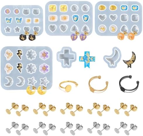 Epoxy Resin Molds Jewelry, Small UV Resin Molds Silicone Kit with Earring Backs & Ring Settings Accessories, DIY Mini Silicone Moulds for Earrings, Pendants, Rings, Necklace & Keychains Art Crafting by RESINGO