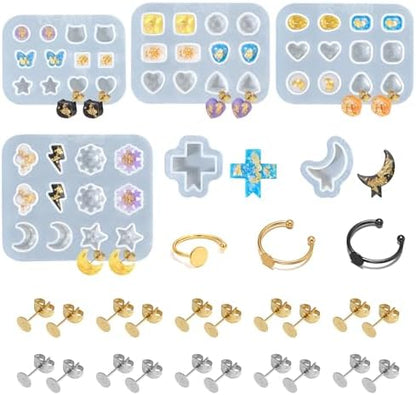 Epoxy Resin Molds Jewelry, Small UV Resin Molds Silicone Kit with Earring Backs & Ring Settings Accessories, DIY Mini Silicone Moulds for Earrings, Pendants, Rings, Necklace & Keychains Art Crafting by RESINGO