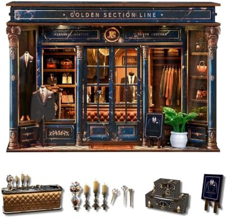 fifijoy DIY Miniature Dollhouse Kit - 3D Wooden Puzzle Book Nook Kit with LED Light, Miniature House Bookshelf Insert Decor for Adults, Creative Gift for Family and Friends (Golden Section Line) by fifijoy