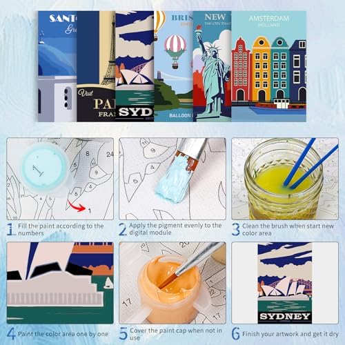 GEEHEIY 6 Pack Paint by Numbers Kit for Adults, Travel Poster, 8x12 Inch - Image 5