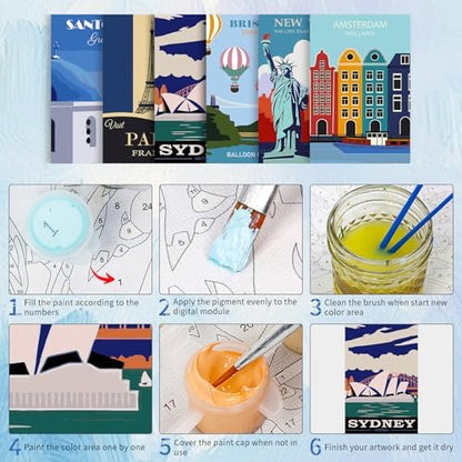 GEEHEIY 6 Pack Paint by Numbers Kit for Adults, Travel Poster, 8x12 Inch - Image 5