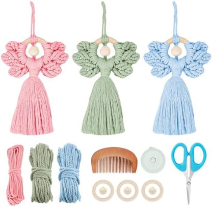 ORIGACH 3 Set DIY Angel Macrame Kit, Boho Wall Hanging Ornament for Beginners, Angel Wings Kit with Instruction Tutorial for Adults, Pink Blue & Green by ORIGACH