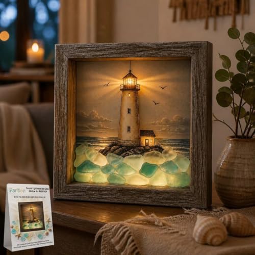 Coastal Lighthouse Sea Glass Shadow Box Night Light Nautical Beach Lamp Home Decor DIY Wooden Picture Frame Ocean Theme Craft Kit Starfish Shells Art Bedside Reading Corner Gift for Adult(#1,Battery) by Unknown