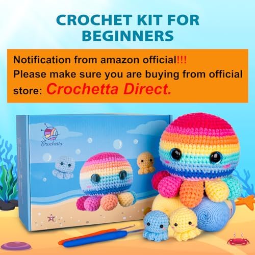Crochetta Crochet Kit for Beginners, Crochet Kit Step-by-Step Video Tutorials, Crochet Starter Kit Learn to Crochet Kits for Adults Kids Beginners, Jumbo 3 Colorful Octopus Familly (40%+ Yarn Content) - Image 2