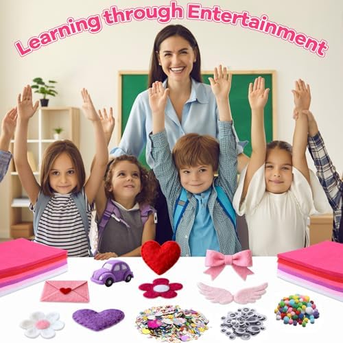 gisgfim 42Pcs Valentine's Day Pink-Purple Felt Fabric Sheet Craft Kit 8 x 12 Inch Assorted Soft Pink Felt Pack with Wiggle Eye Stickers Pom Poms Glitter Craft Supply for DIY Sewing Creative Art Deco - Image 6