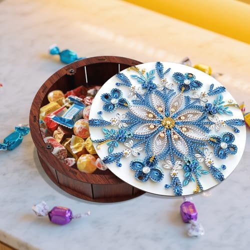 antor Mandala Snowflake Diamond Art Storage Box, Round Wooden DIY 5D Crystal Diamond Painting Desktop Ornament Organizer, Handmade Jewelry or Money Storage Box, Home Office Decor Crafts Gifts - Image 6