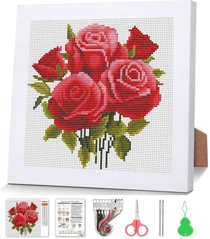 Red Roses Stamped Cross Stitch Kits for Adult Beginner with Wooden Frame by VIGEGU