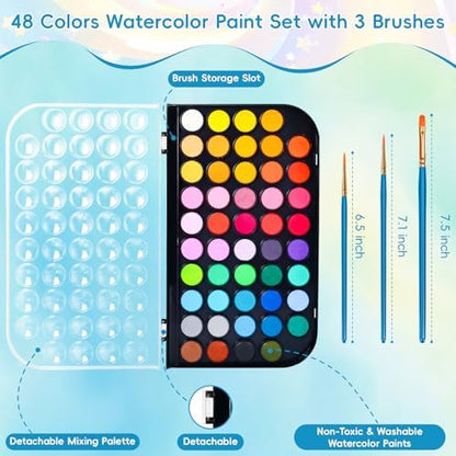 48 Color Solid Watercolor Paint Set with 3 Wooden Brushes for Adults Kids - Image 2
