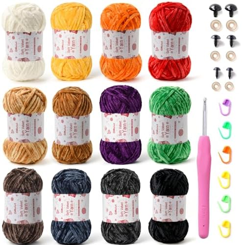 12 Pack Chenille Chunky Yarn - Baby Yarn for Crocheting Soft - Red Orange Green Blue Purple Black White Velvet Yarns Crochet Blanket - Amigurumi Yarns Pack with Crochet Accessories D by OMoiut