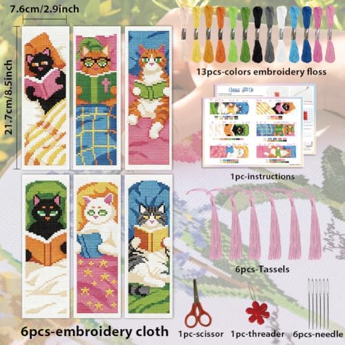 ACRNIGHEET 6PCS Cross Stitch Bookmark Kit for Beginner Stamped Cross Stitch Kits for Adults Cute Reading Cat DIY Tassel Embroidery Bookmark Kits Needlepoint Kit with Instructions Gift 8.5''x3'' 11CT - Image 2