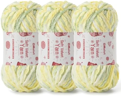 3x100g Fluffy Velvet Chenille Yarn for Crocheting and Knitting, 3x87.4yd Baby Yarn for Crocheting Soft, Crochet Chunky Yarns Amigurumi Yarns (3 Greenish Yellow) by OMoiut