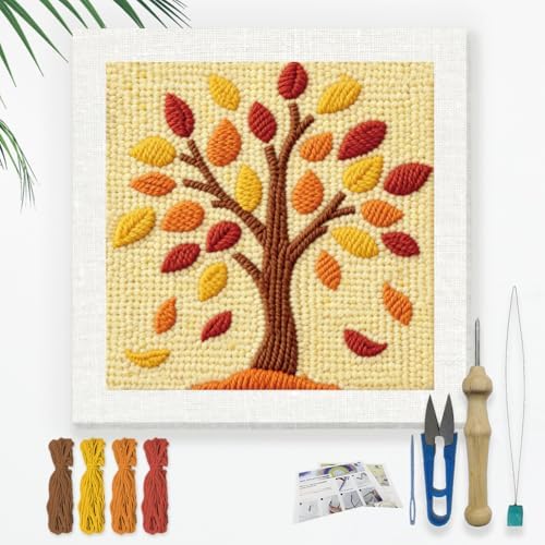 Doodlream Autumn Tree Needle Kit for Beginner, 9.4"x 9.4" Gradient Leaves Punch Stitching Craft Set, DIY Embroidery Starter with Printed Frame, Instruction, Threader, Yarn, Pinch Needle by Doodlream