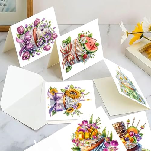 jinglinhh 6pcs Tulip Sunflower Cupcake Flower Diamond Art Painting Greeting Cards with Envelopes, DIY Card Making Kits for Adults, Diamond Art Postcards Christmas Cards Craft Gifts - Image 4