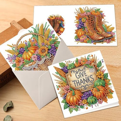6 Pack Thanksgiving Diamond Painting Greeting Card Kits, DIY Fall Harvest Rhinestone Cards with Envelopes, Autumn-Themed Diamond Art Craft Set with Pumpkins, Corn, Grapes and Give Thanks Message - Image 7