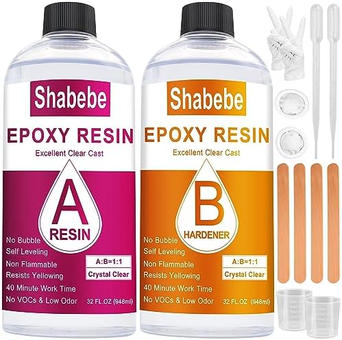 Shabebe Epoxy Resin, 64OZ Epoxy Resin Crystal Clear, Not-Yellowing No-Bubble, Self Leveling Easy Pour/Mix 1:1 Casting Kit & Coating for DIY Jewelry Making, Art Resina Clear Crafts, Molds, River Tables by Shabebe%E2%80%93SealProtectLikeaPro