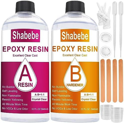 Shabebe Epoxy Resin, 64OZ Epoxy Resin Crystal Clear, Not-Yellowing No-Bubble, Self Leveling Easy Pour/Mix 1:1 Casting Kit & Coating for DIY Jewelry Making, Art Resina Clear Crafts, Molds, River Tables by Shabebe%E2%80%93SealProtectLikeaPro