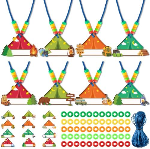 TICIAGA Camping Beaded Necklace Craft - 24 Pack Summer Camping Jewelry Making Set with Colorful Beads and Wooden Tent Name Tags Nature Explorer Vbs Classroom Activities & Outdoor Adventure Party Favor by TICIAGA
