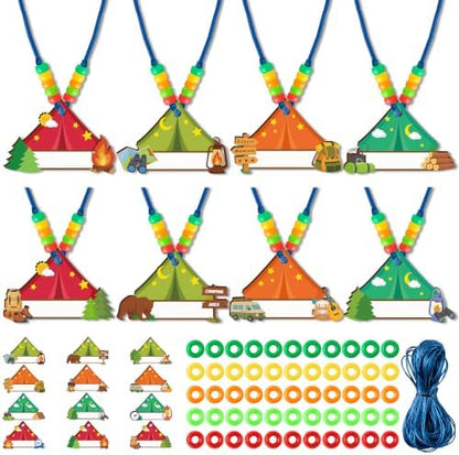 TICIAGA Camping Beaded Necklace Craft - 24 Pack Summer Camping Jewelry Making Set with Colorful Beads and Wooden Tent Name Tags Nature Explorer Vbs Classroom Activities & Outdoor Adventure Party Favor by TICIAGA