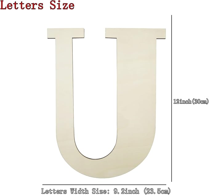 12 Inch Unfinished Wooden Numbers, 1/8 Inch Thick Large Blank Wooden Alphabet Handmade Painting Sign Boards for DIY Birthday Wedding Graduate Party Decor Props - U