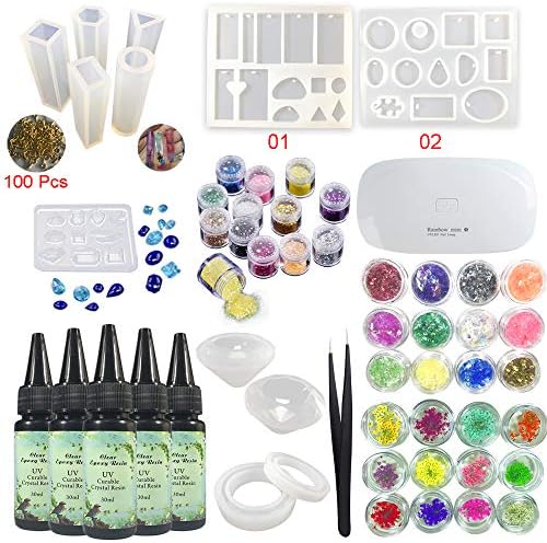 5x30ML Crystal Clear UV Epoxi Resin 12 Jewelry Making Molds 36 Decorations Glitter Sequins Dried Flowers Glassine + Portable UV Lamp + Tweezers for DIY Pendants Earrings Bracelets/Resin Coating by Unknown