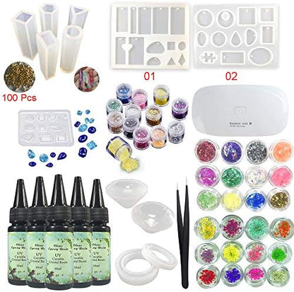 5x30ML Crystal Clear UV Epoxi Resin 12 Jewelry Making Molds 36 Decorations Glitter Sequins Dried Flowers Glassine + Portable UV Lamp + Tweezers for DIY Pendants Earrings Bracelets/Resin Coating by Unknown
