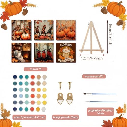 LWZAYS 6 Pack Fall Paint by Numbers Kit for Adults with Frame, Easy Autumn Paint by Number for Adults Beginner with Wooden Easel, DIY Painting by Numbers Canvas Framed for Home Decor 8 x 8 Inch - Image 2