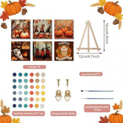 LWZAYS 6 Pack Fall Paint by Numbers Kit for Adults with Frame, Easy Autumn Paint by Number for Adults Beginner with Wooden Easel, DIY Painting by Numbers Canvas Framed for Home Decor 8 x 8 Inch - Image 2