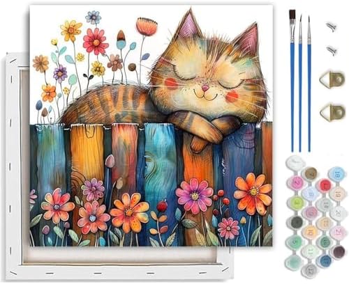 TCDZMYGS Cat Paint by Numbers Kit for Adults Beginner,Flowers Adult Paint by Number Kits on Canvas with Frame,DIY Acrylic Oil Painting by Numbers Kits for Home Wall Decor 10x10 inch by TCDZMYGS