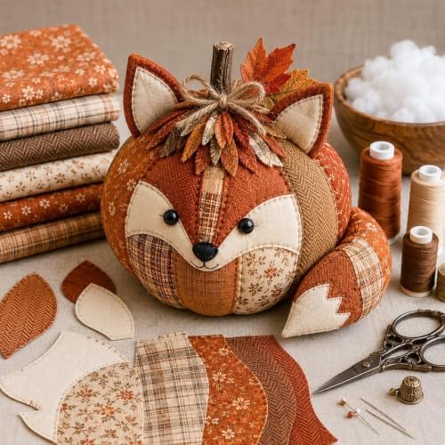 DIY Animal Pumpkin Sewing Kit -Halloween DIY Pumpkin Patchwork Craft Kit,Harvest Fabric Animal Craft Set for Adults Beginners,Autumn Thanksgiving Home Ornament Craft Kit，Fox - Image 2
