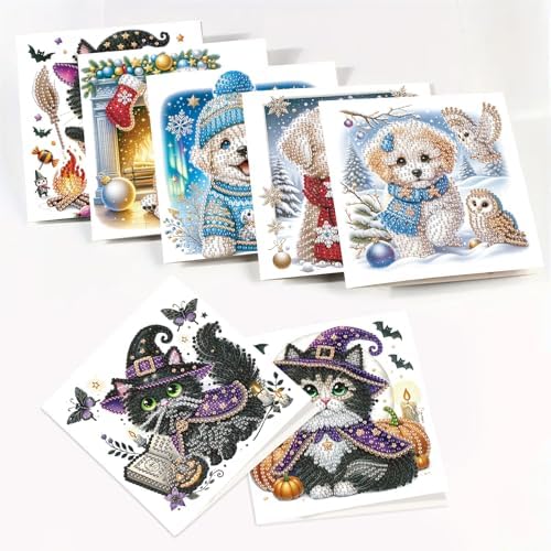 MVVMTOP 8pcs Diamond Painting Greeting Cards- Christmas Puppy & Halloween Kitten Cards for Blessings and Wishes, Special Shape Crystal Partial, Paper Material, DIY Gifts for Christmas Day Halloween - Image 6