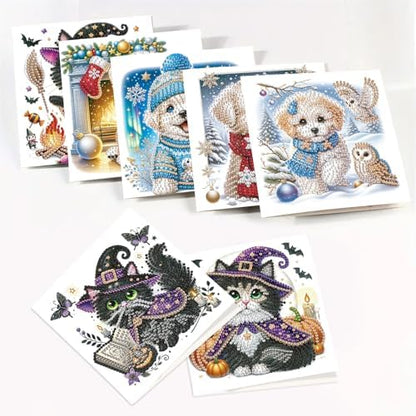 MVVMTOP 8pcs Diamond Painting Greeting Cards- Christmas Puppy & Halloween Kitten Cards for Blessings and Wishes, Special Shape Crystal Partial, Paper Material, DIY Gifts for Christmas Day Halloween - Image 6