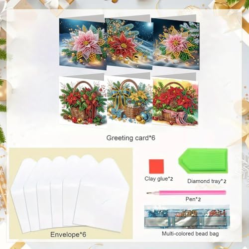 jinglinhh 6pcs Christmas Poinsettia Flower Basket Diamond Art Painting Greeting Cards with Envelopes, DIY Card Making Kits for Adults, Diamond Art Postcards Christmas Cards Craft Gifts - Image 3