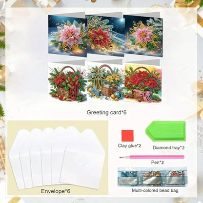 jinglinhh 6pcs Christmas Poinsettia Flower Basket Diamond Art Painting Greeting Cards with Envelopes, DIY Card Making Kits for Adults, Diamond Art Postcards Christmas Cards Craft Gifts - Image 3