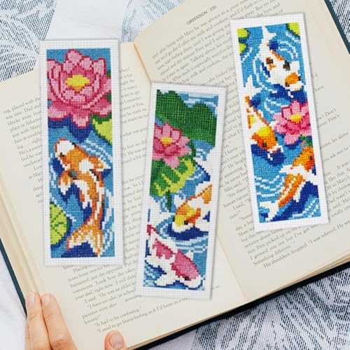 INFUNLY 6 Set Koi Fish DIY Cross Stitch Bookmark Kits for Adults Lotus Pond Counted Cross Stitch Kit with Instructions Koi Fishes Stamped Embroidery Bookmark Kit for Book Lovers Readers Gift - Image 5