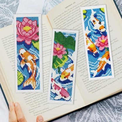 INFUNLY 6 Set Koi Fish DIY Cross Stitch Bookmark Kits for Adults Lotus Pond Counted Cross Stitch Kit with Instructions Koi Fishes Stamped Embroidery Bookmark Kit for Book Lovers Readers Gift - Image 5